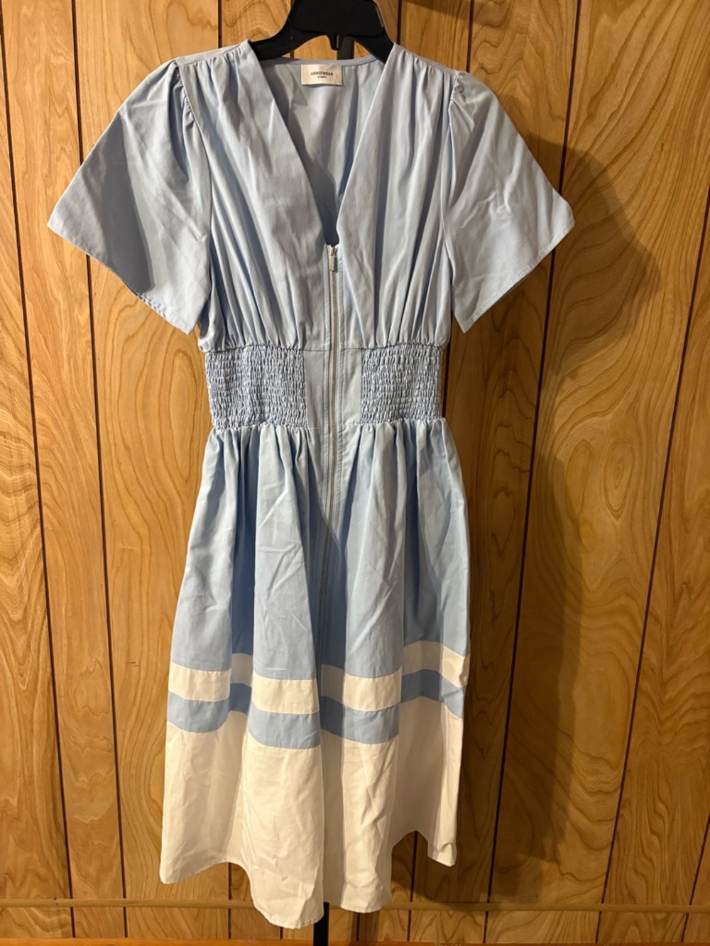 Anniewear Sample Blue White Smocked Waist Zip Midi Dress Size S Boutique